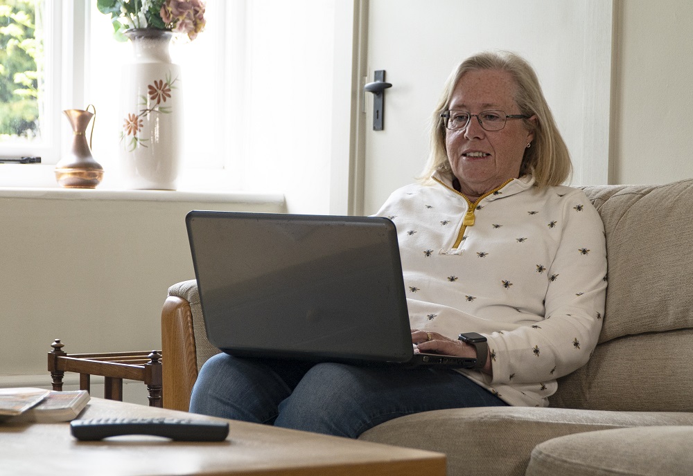 Woman sitting on the sofa with laptop.